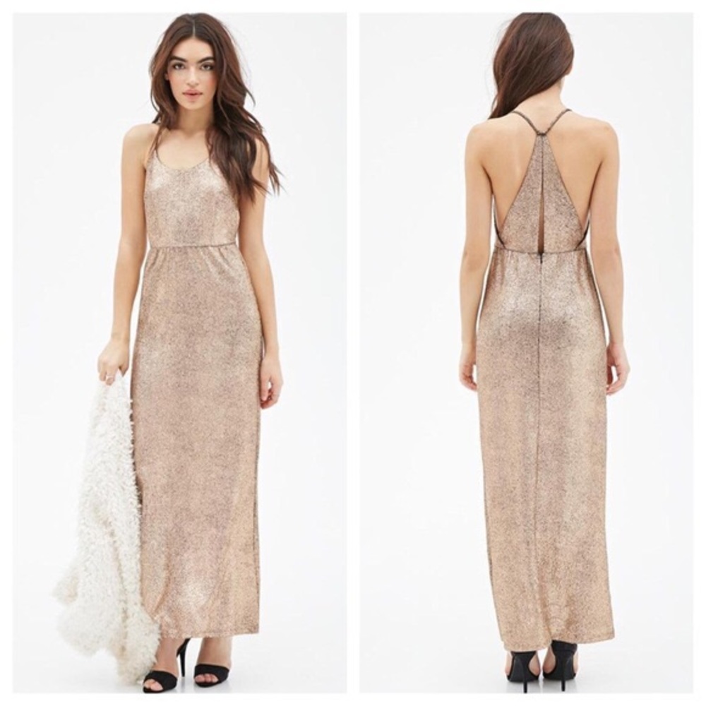 Forevee 21 Crackled Rose Gold Sleeveless Maxi Dress Gown Small NWT